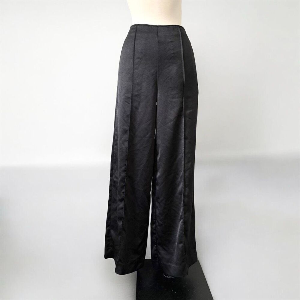 DKNY Black Satin Pintucked High Waisted Wide Leg Pants 4